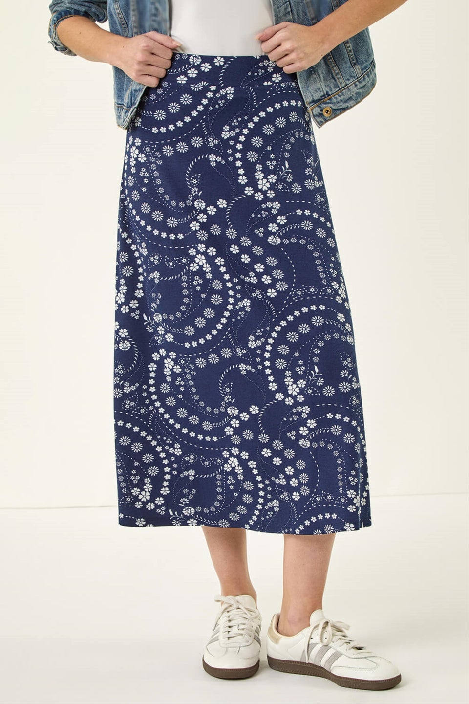 Roman Navy Floral Print Stretch Midi Skirt