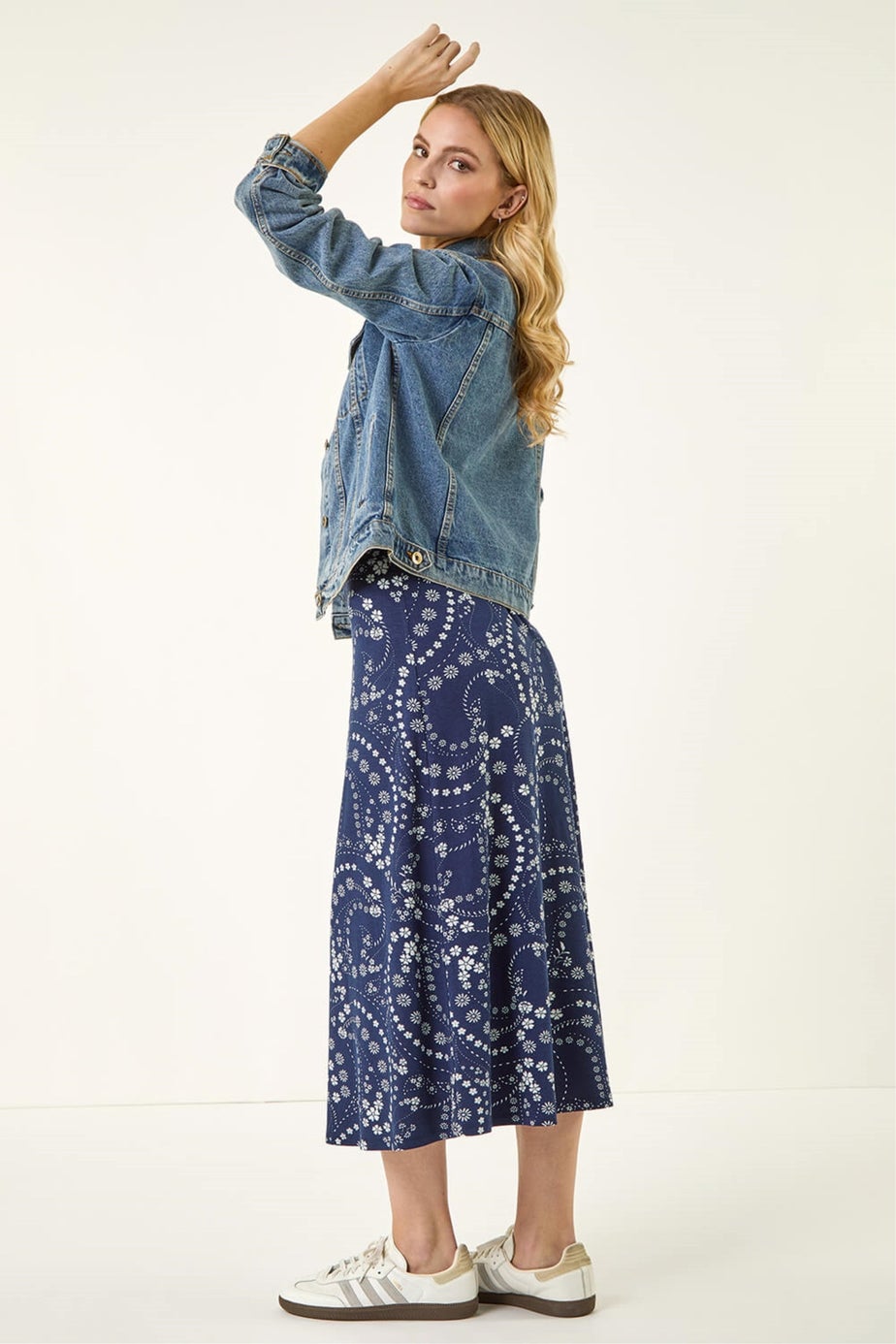 Roman Navy Floral Print Stretch Midi Skirt