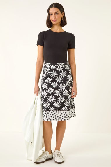 Roman Black Floral Star A-Line Skirt