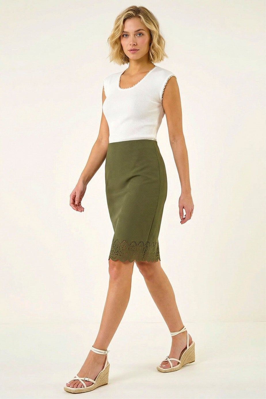 Roman Khaki Lasercut Hem Pencil Skirt