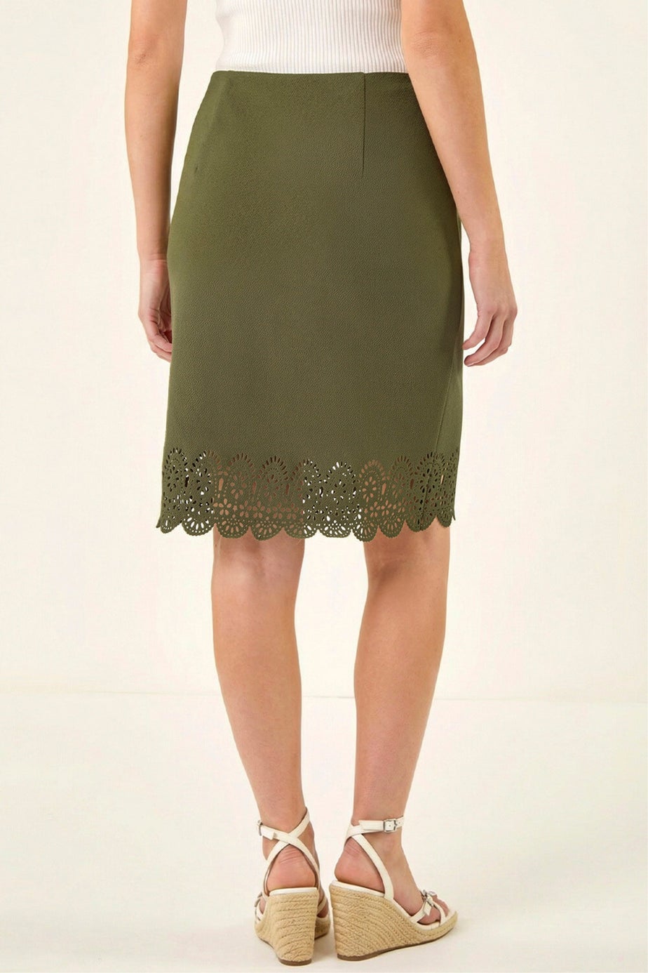 Roman Khaki Lasercut Hem Pencil Skirt