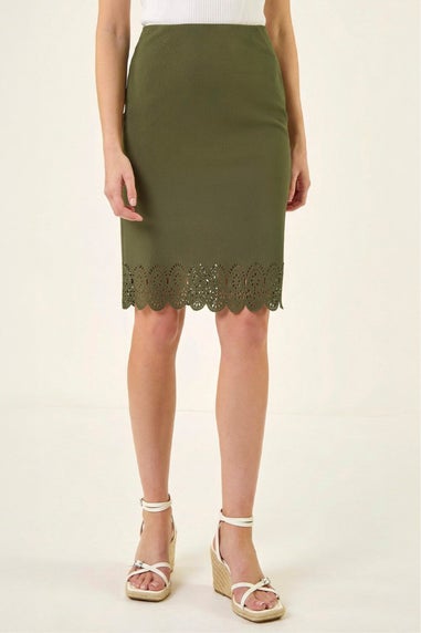 Roman Khaki Lasercut Hem Pencil Skirt