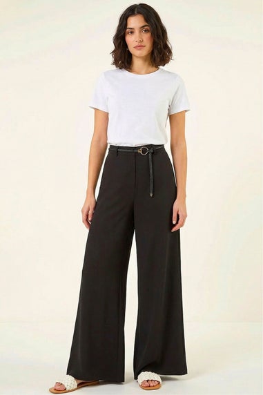 Roman Black Wide Leg Belt Tie Trouser