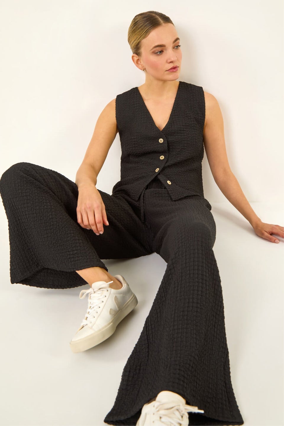 Dusk Black Crinkle Wide Leg Stretch Trouser