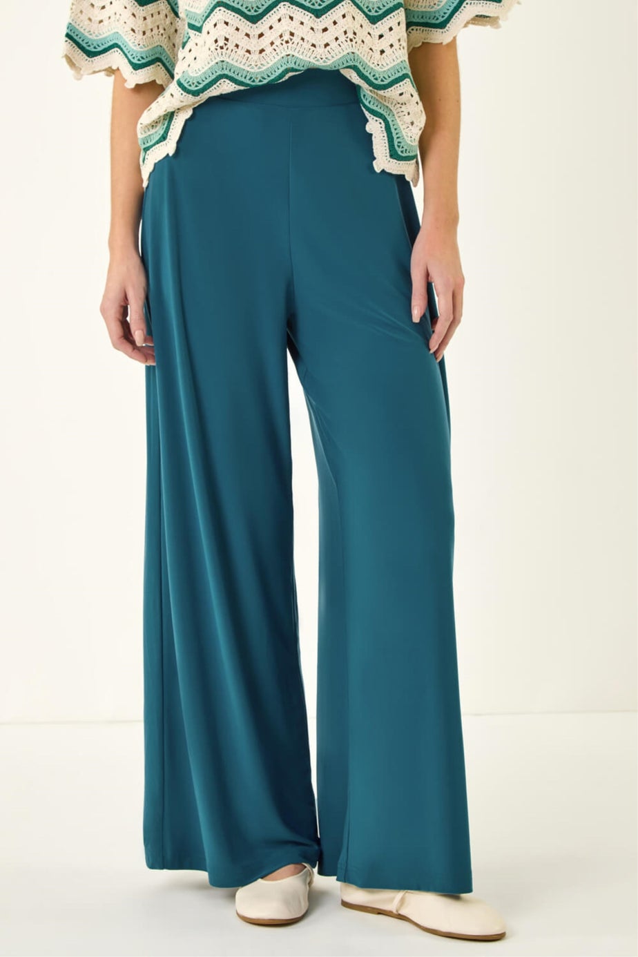 Roman Teal Wide Leg Stretch Trousers