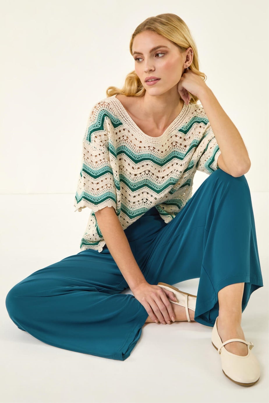 Roman Teal Wide Leg Stretch Trousers