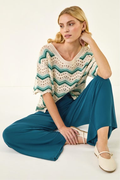 Roman Teal Wide Leg Stretch Trousers