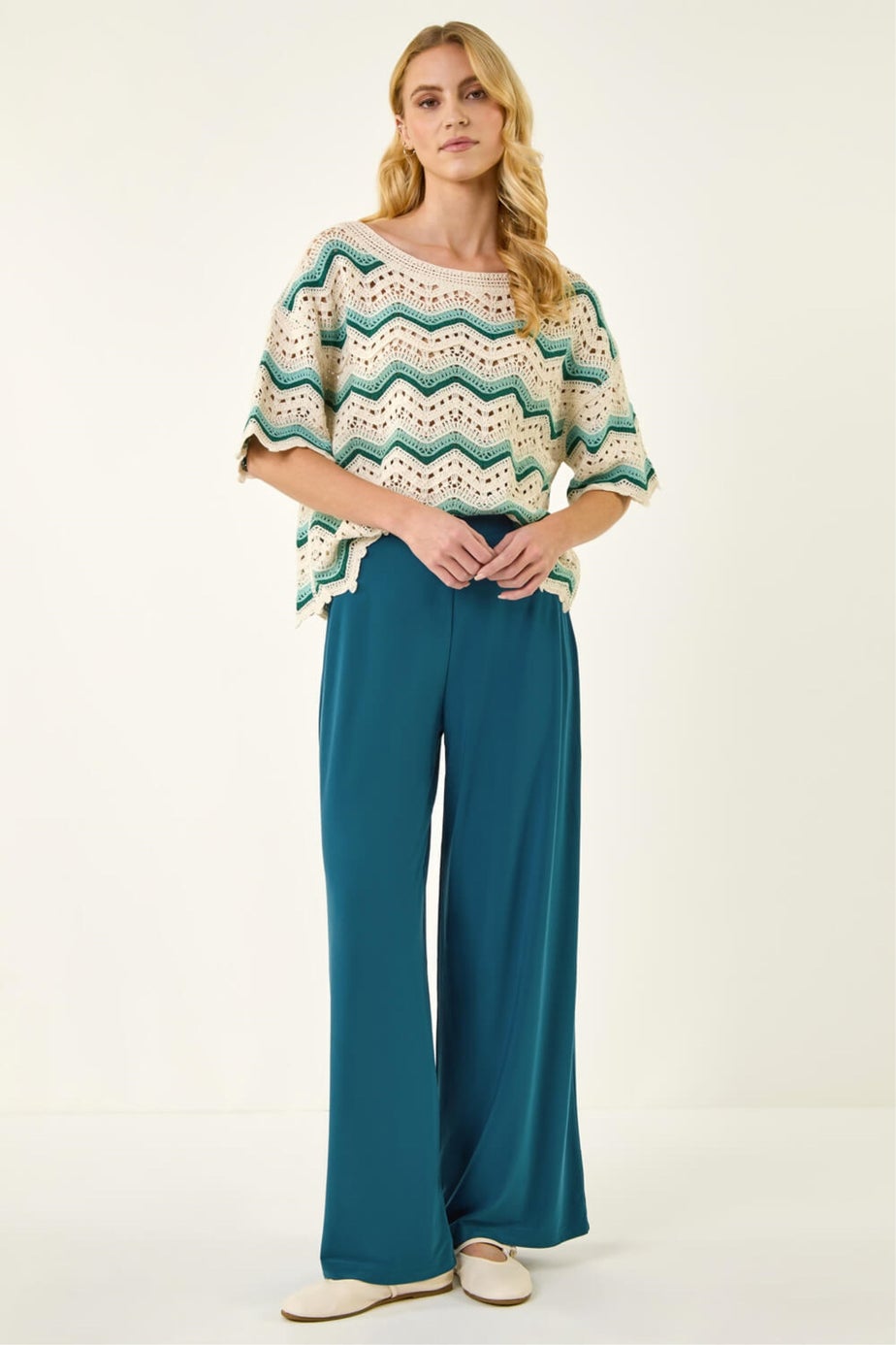 Roman Teal Wide Leg Stretch Trousers