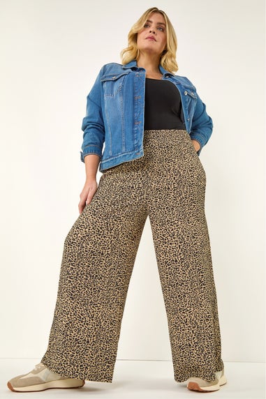 Roman Natural Curve Textured Animal Print Wide Leg Trousers