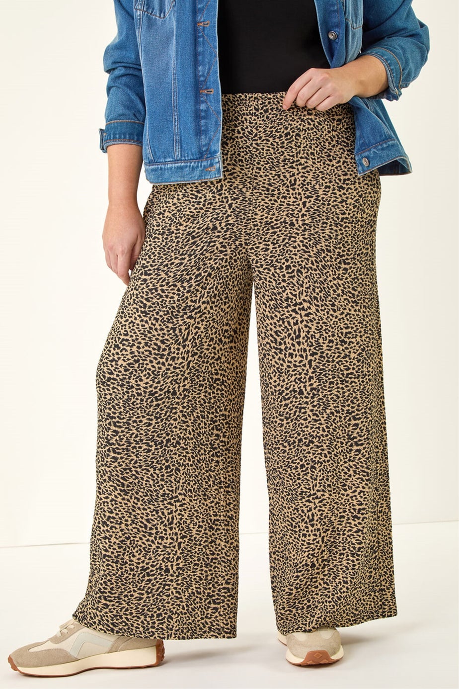 Roman Natural Curve Textured Animal Print Wide Leg Trousers