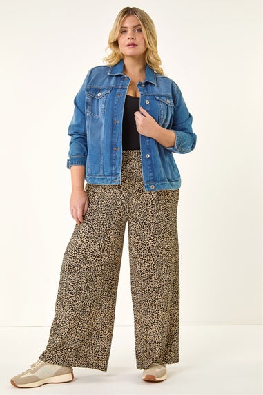 Roman Natural Curve Textured Animal Print Wide Leg Trousers