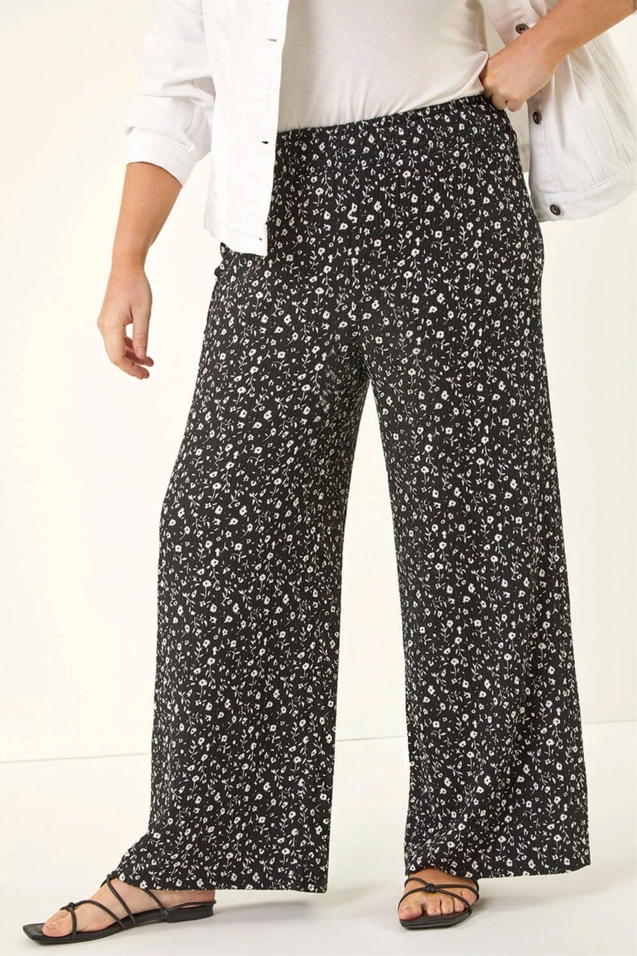 Roman Black Curve Textured Print Wide Leg Trousers