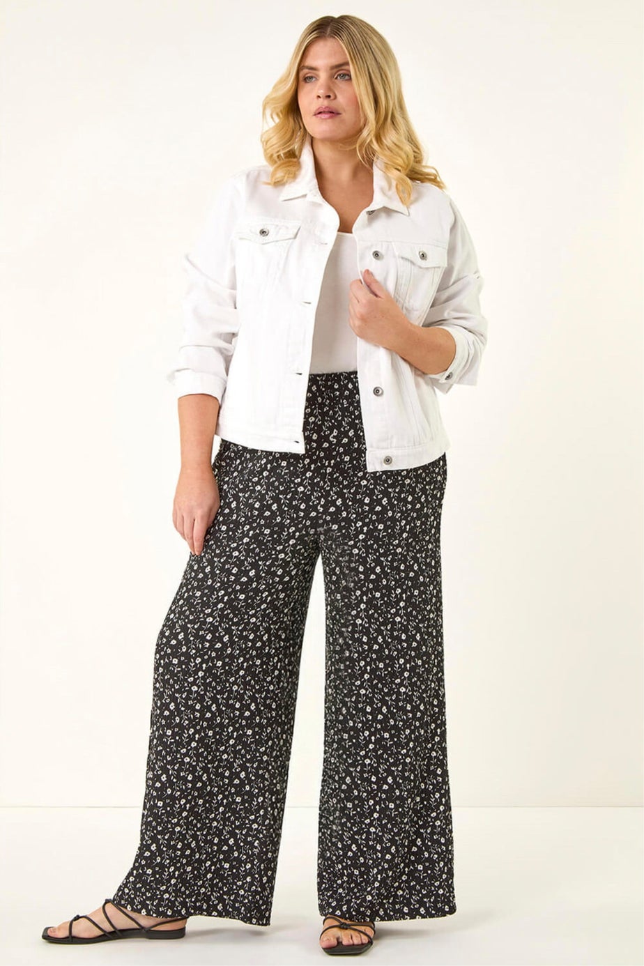 Roman Black Curve Textured Print Wide Leg Trousers