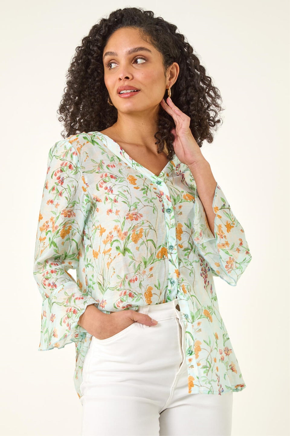 Roman Light Blue Floral Flare Sleeve Buttoned Blouse