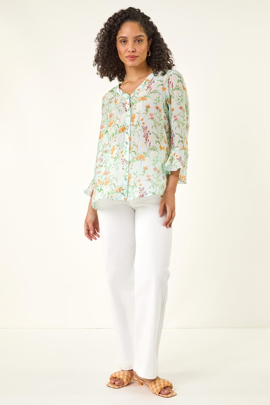 Roman Light Blue Floral Flare Sleeve Buttoned Blouse