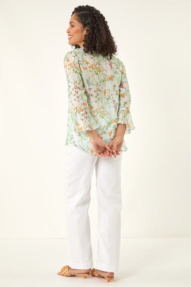 Roman Light Blue Floral Flare Sleeve Buttoned Blouse