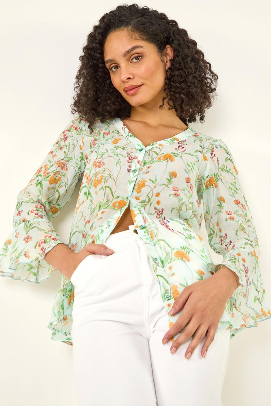 Roman Light Blue Floral Flare Sleeve Buttoned Blouse