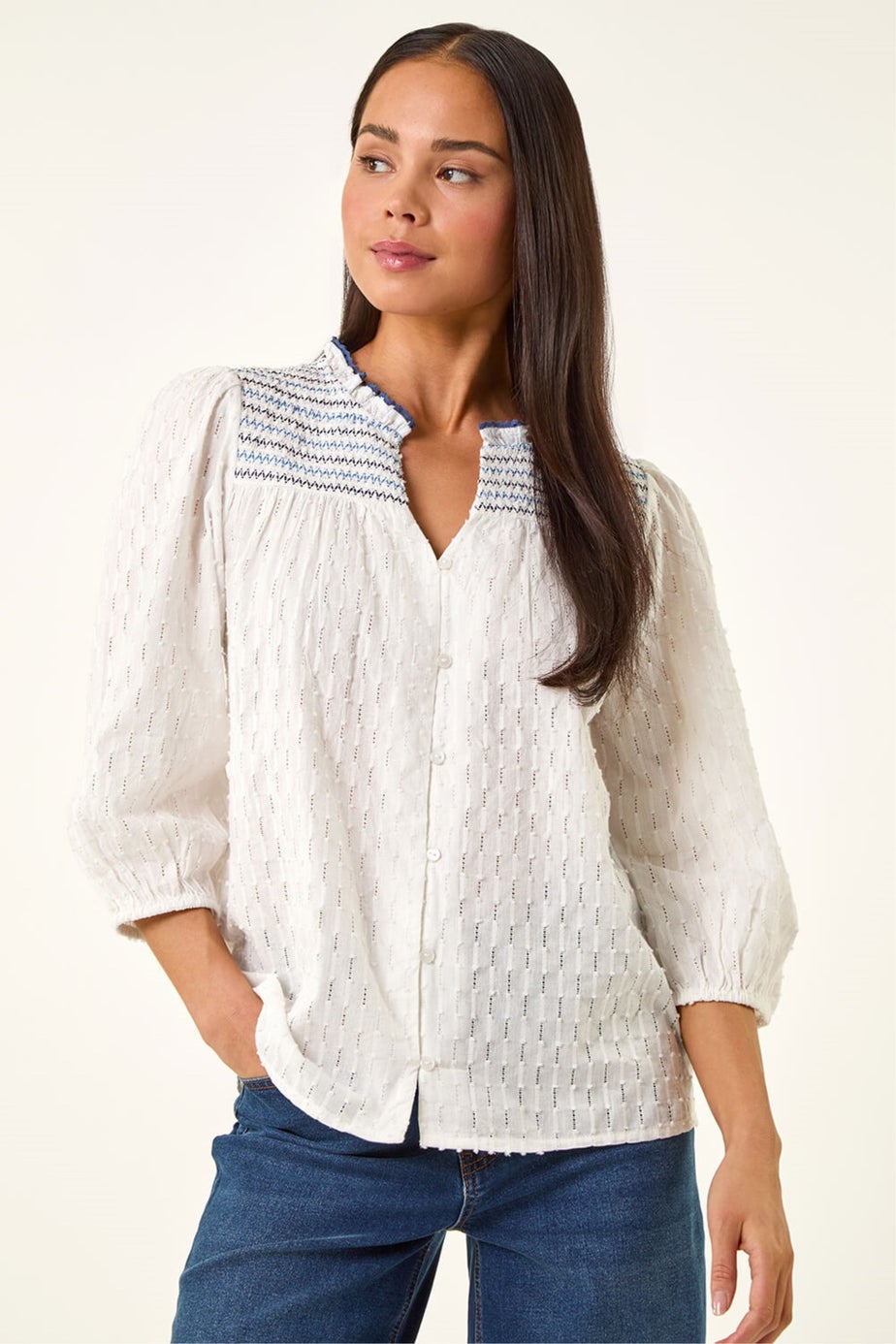 Roman White Petite Smock Buttoned Blouse