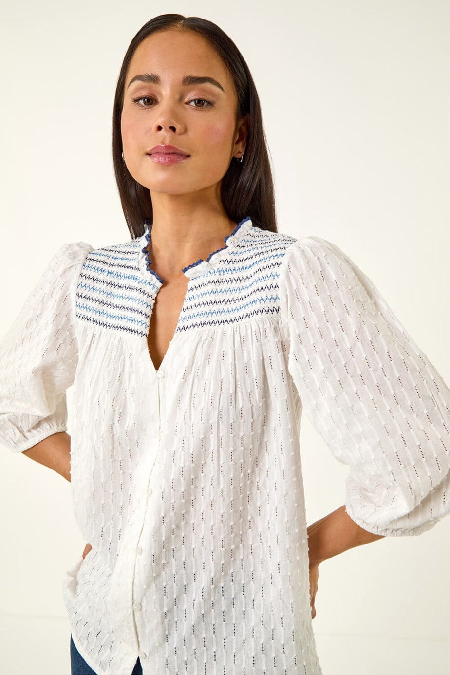 Roman White Petite Smock Buttoned Blouse