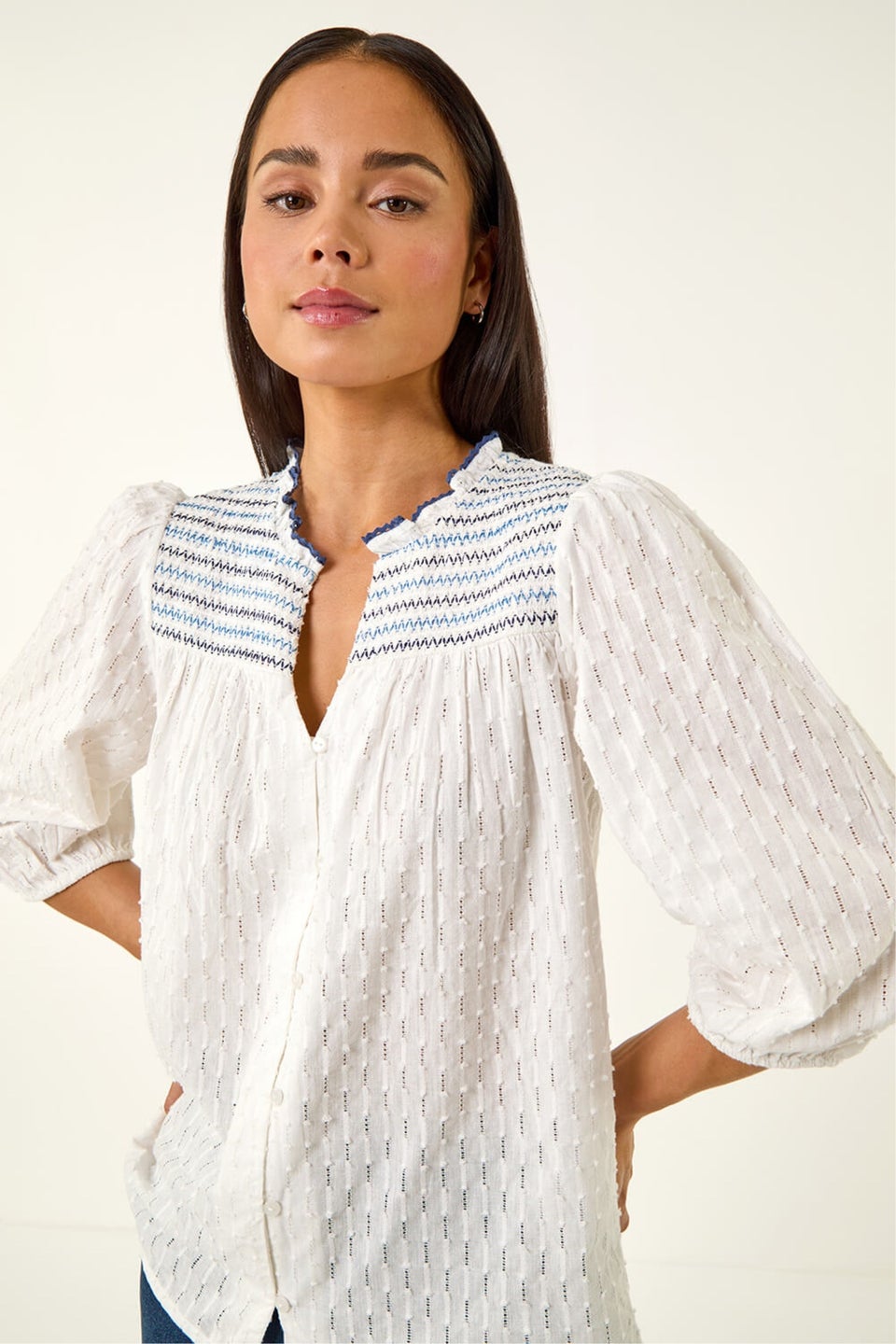 Roman White Petite Smock Buttoned Blouse