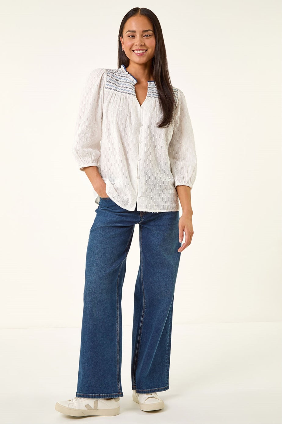 Roman White Petite Smock Buttoned Blouse