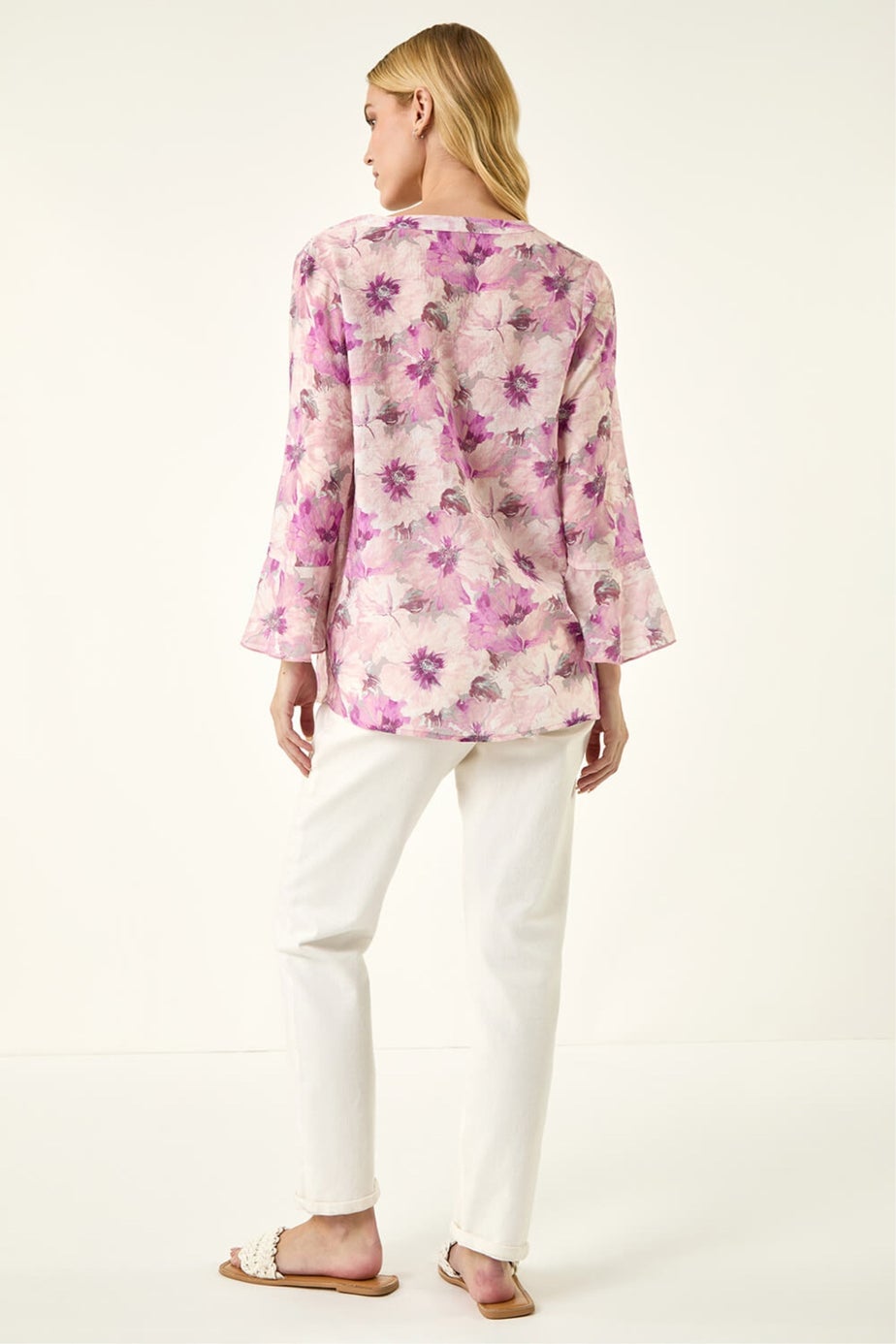 Roman Purple Floral Print Flare Sleeve Blouse