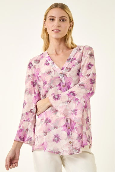 Roman Purple Floral Print Flare Sleeve Blouse