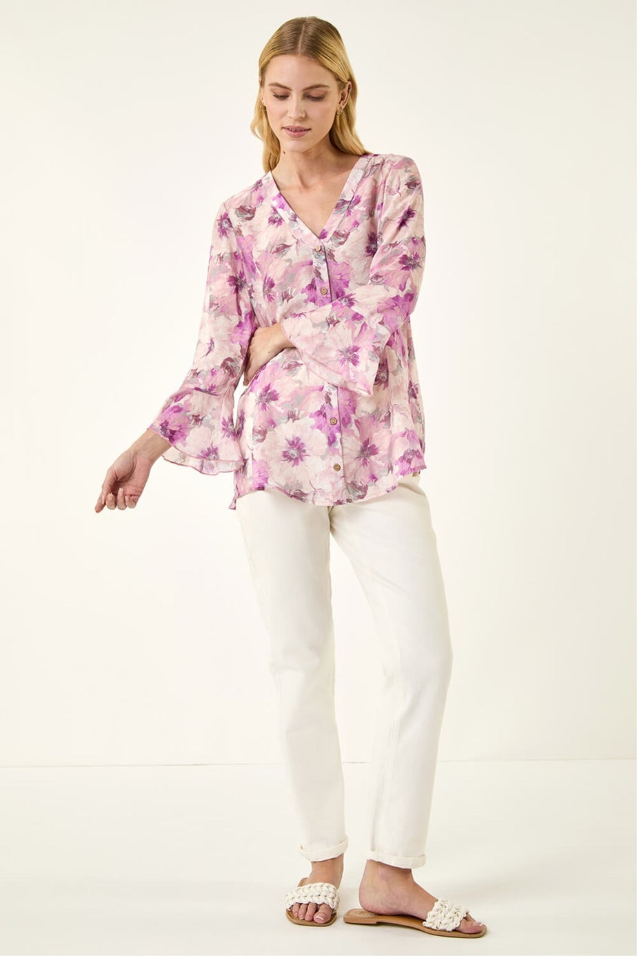Roman Purple Floral Print Flare Sleeve Blouse