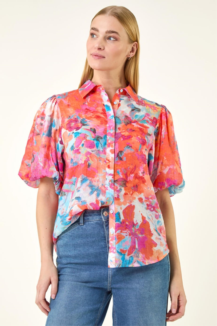 Roman Orange Abstract Print Buttoned Blouse