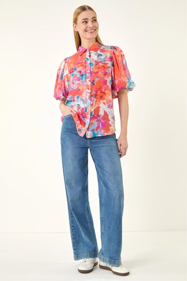 Roman Orange Abstract Print Buttoned Blouse