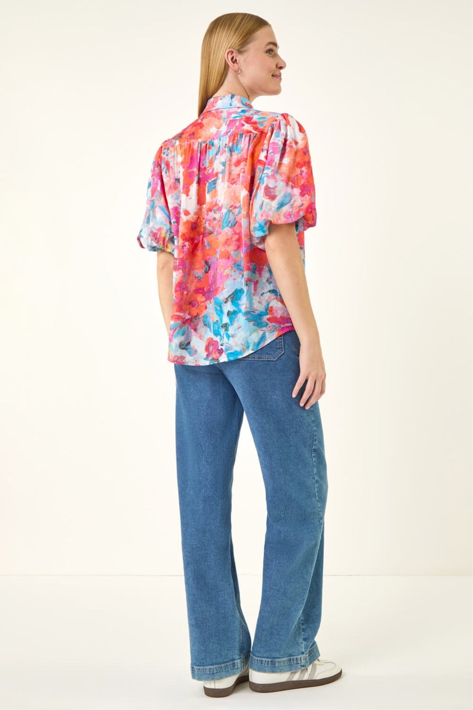 Roman Orange Abstract Print Buttoned Blouse