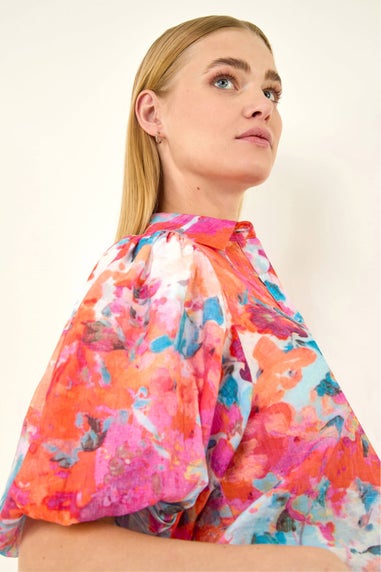 Roman Orange Abstract Print Buttoned Blouse