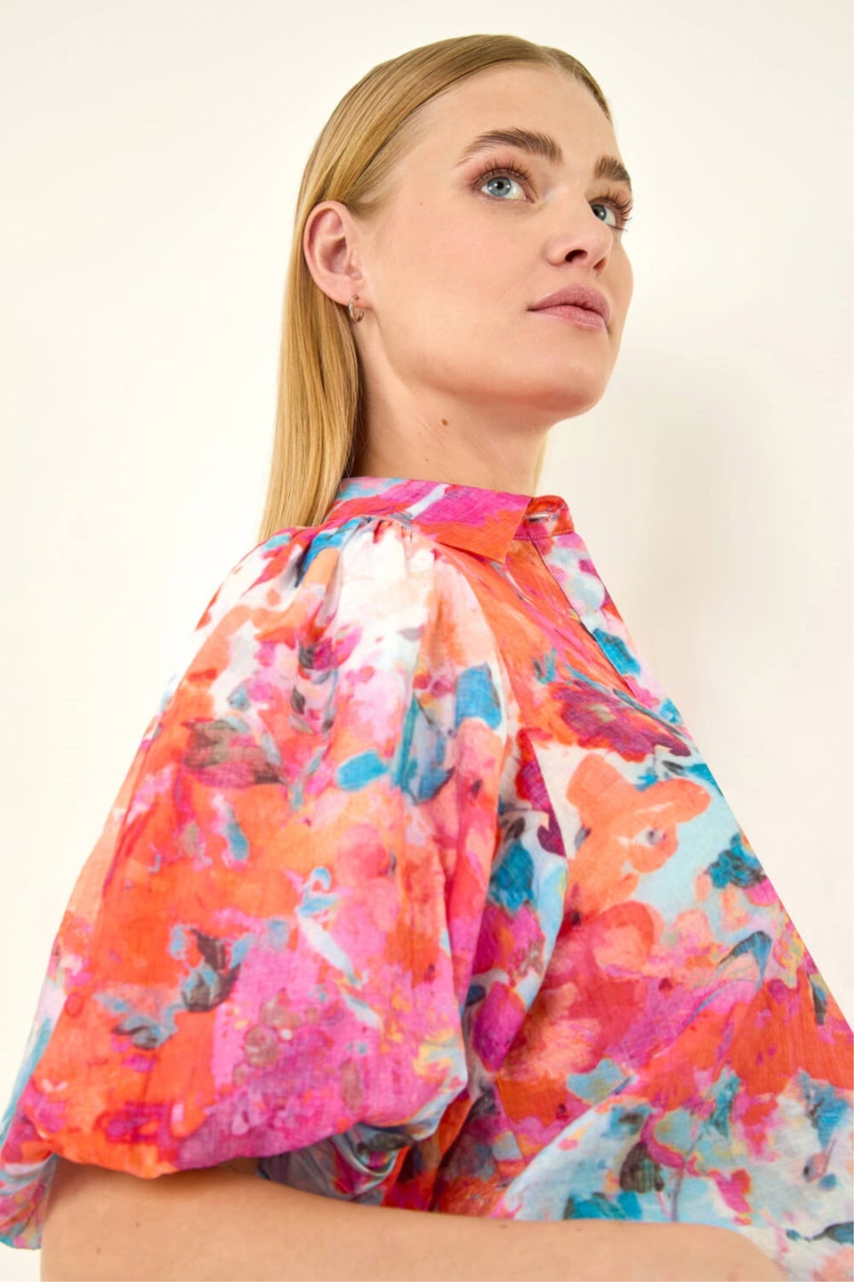 Roman Orange Abstract Print Buttoned Blouse