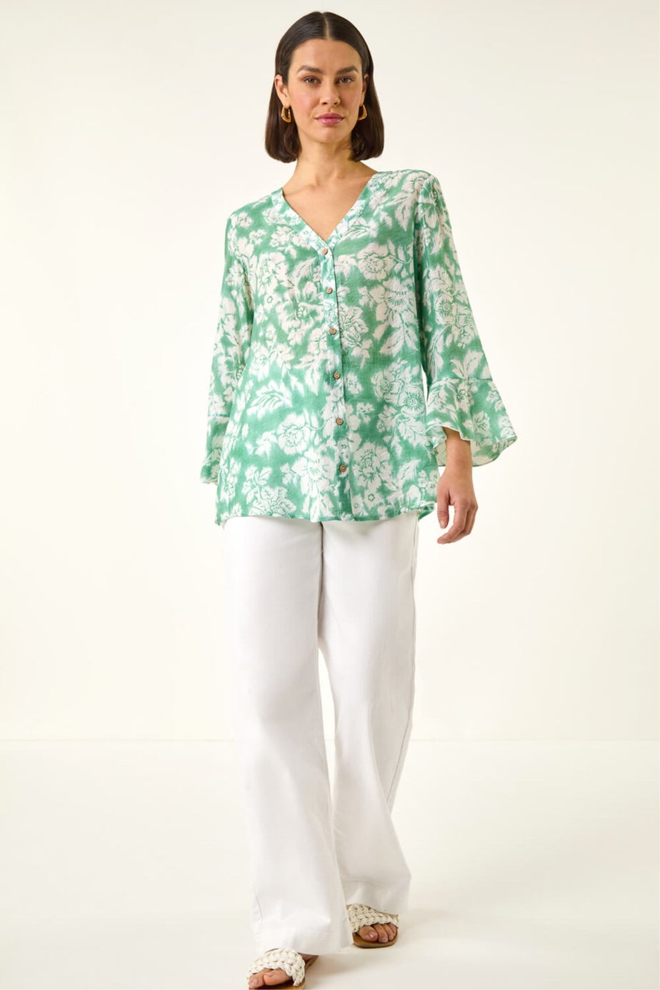 Roman Sage Floral Print Flare Sleeve Blouse