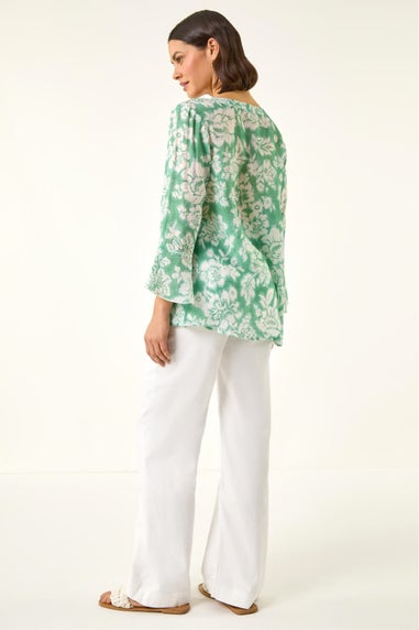 Roman Sage Floral Print Flare Sleeve Blouse