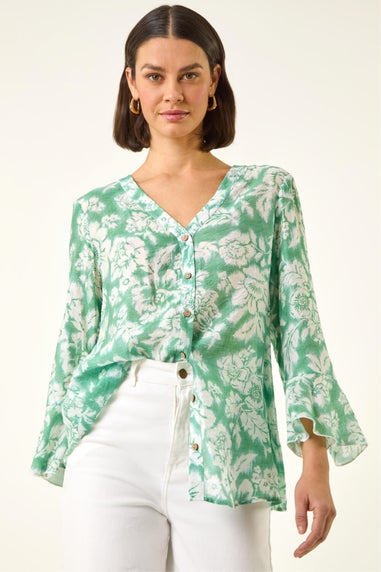 Roman Sage Floral Print Flare Sleeve Blouse
