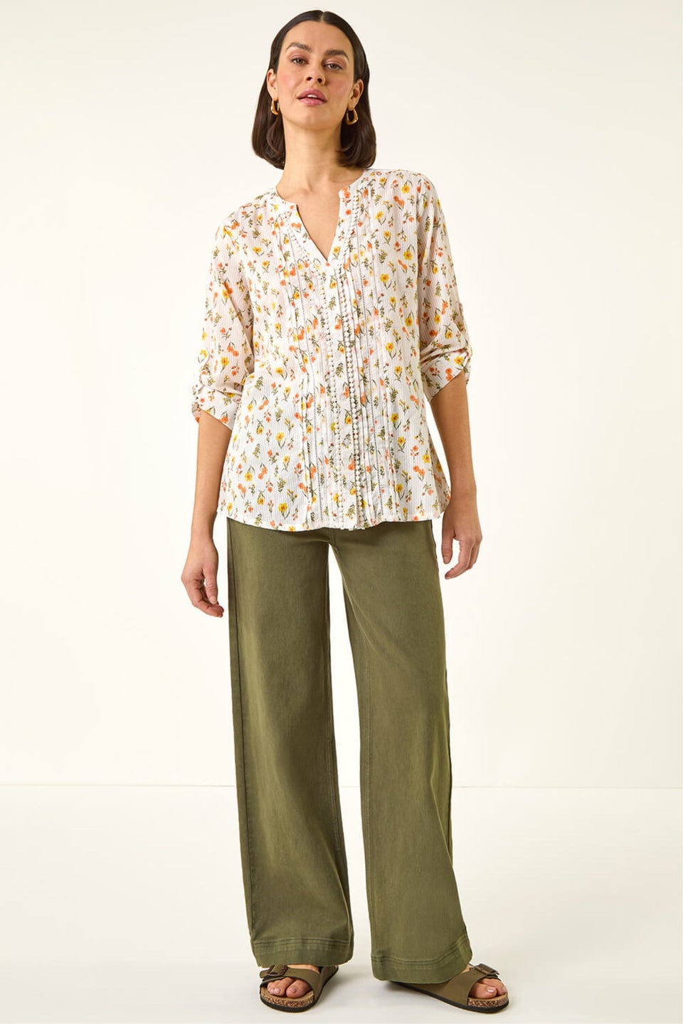 Roman White Floral Print Trim Blouse