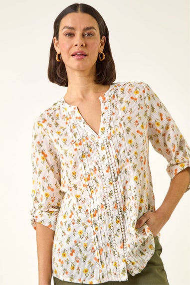 Roman White Floral Print Trim Blouse