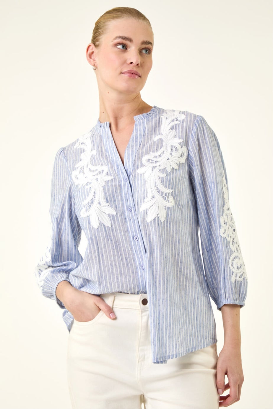 Roman Light Blue Lace Applique Stripe Shirt