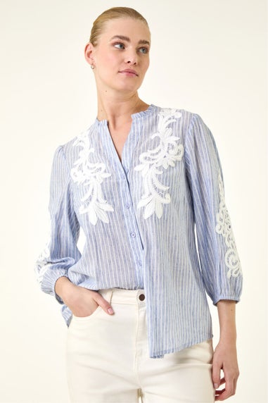 Roman Light Blue Lace Applique Stripe Shirt