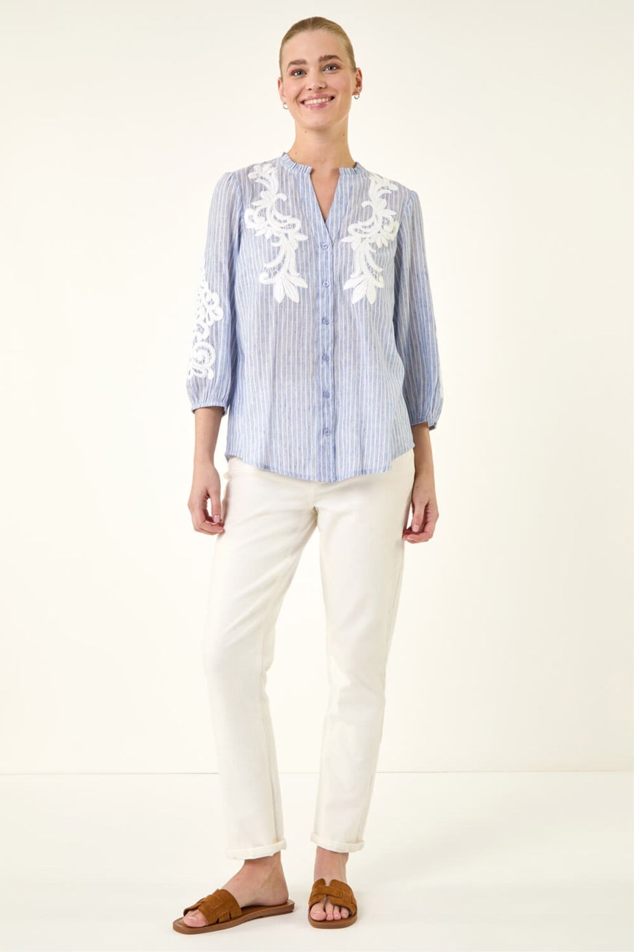 Roman Light Blue Lace Applique Stripe Shirt
