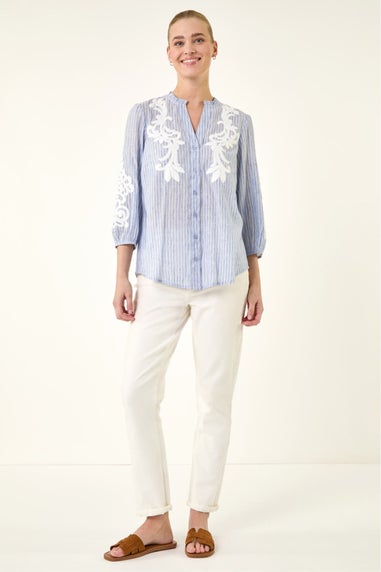 Roman Light Blue Lace Applique Stripe Shirt