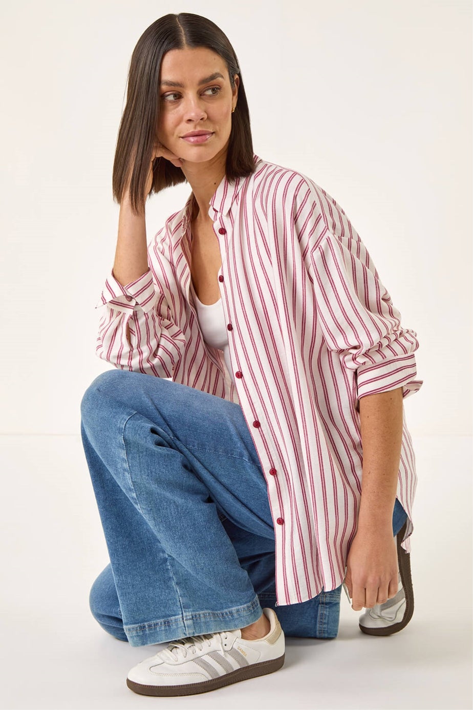 Roman Red Stripe Print Button Blouse