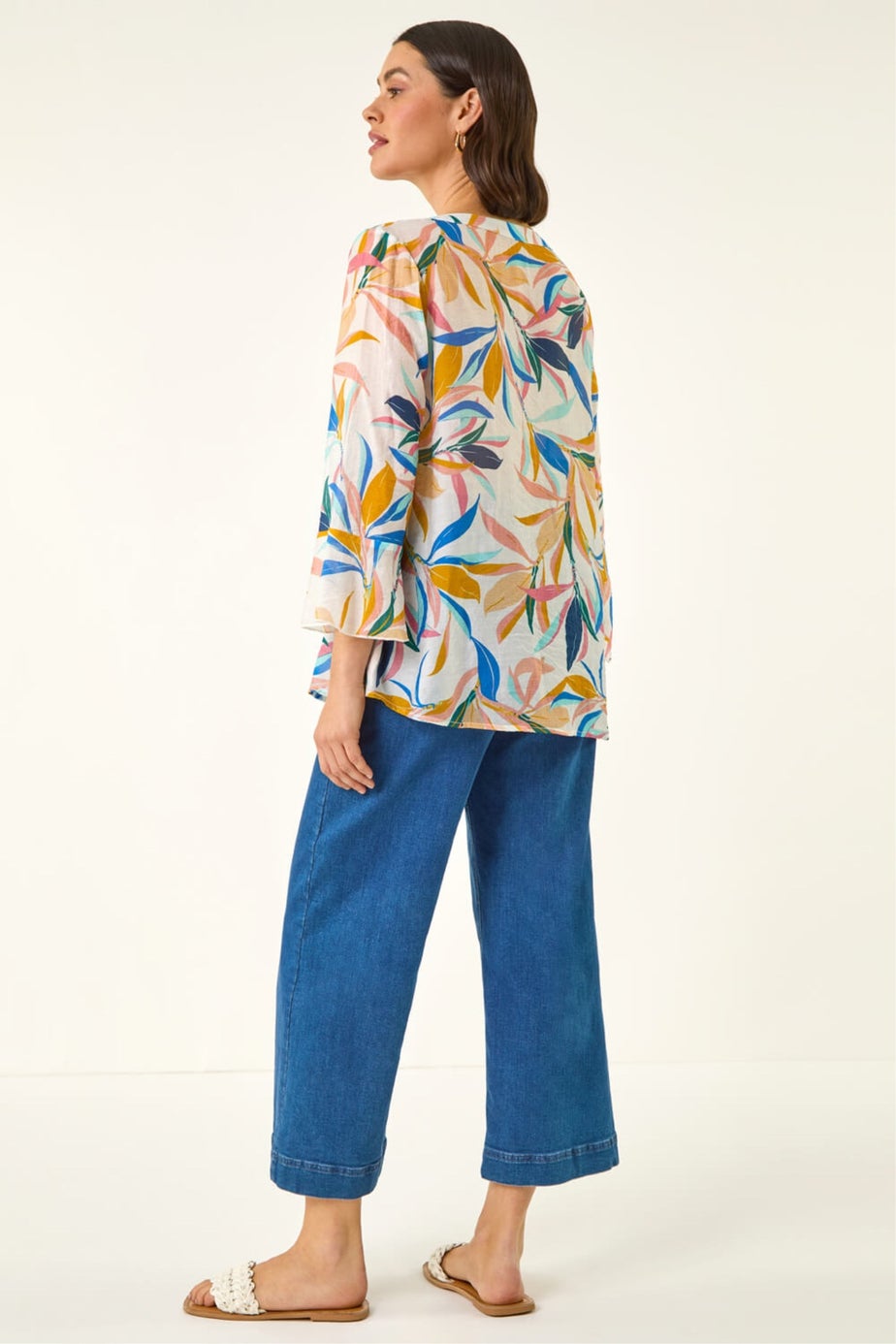 Roman Blue Leaf Print Flare Sleeve Blouse