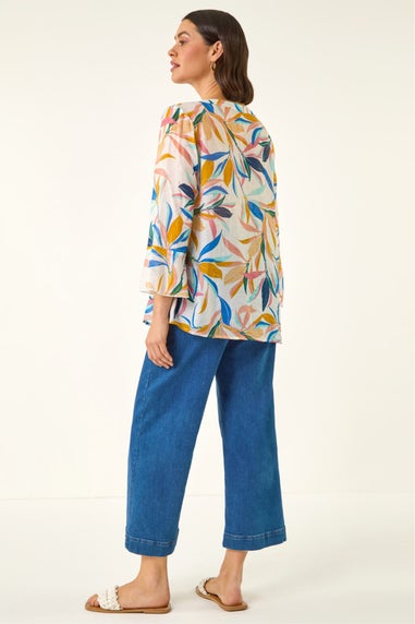 Roman Blue Leaf Print Flare Sleeve Blouse