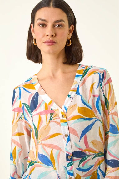 Roman Blue Leaf Print Flare Sleeve Blouse