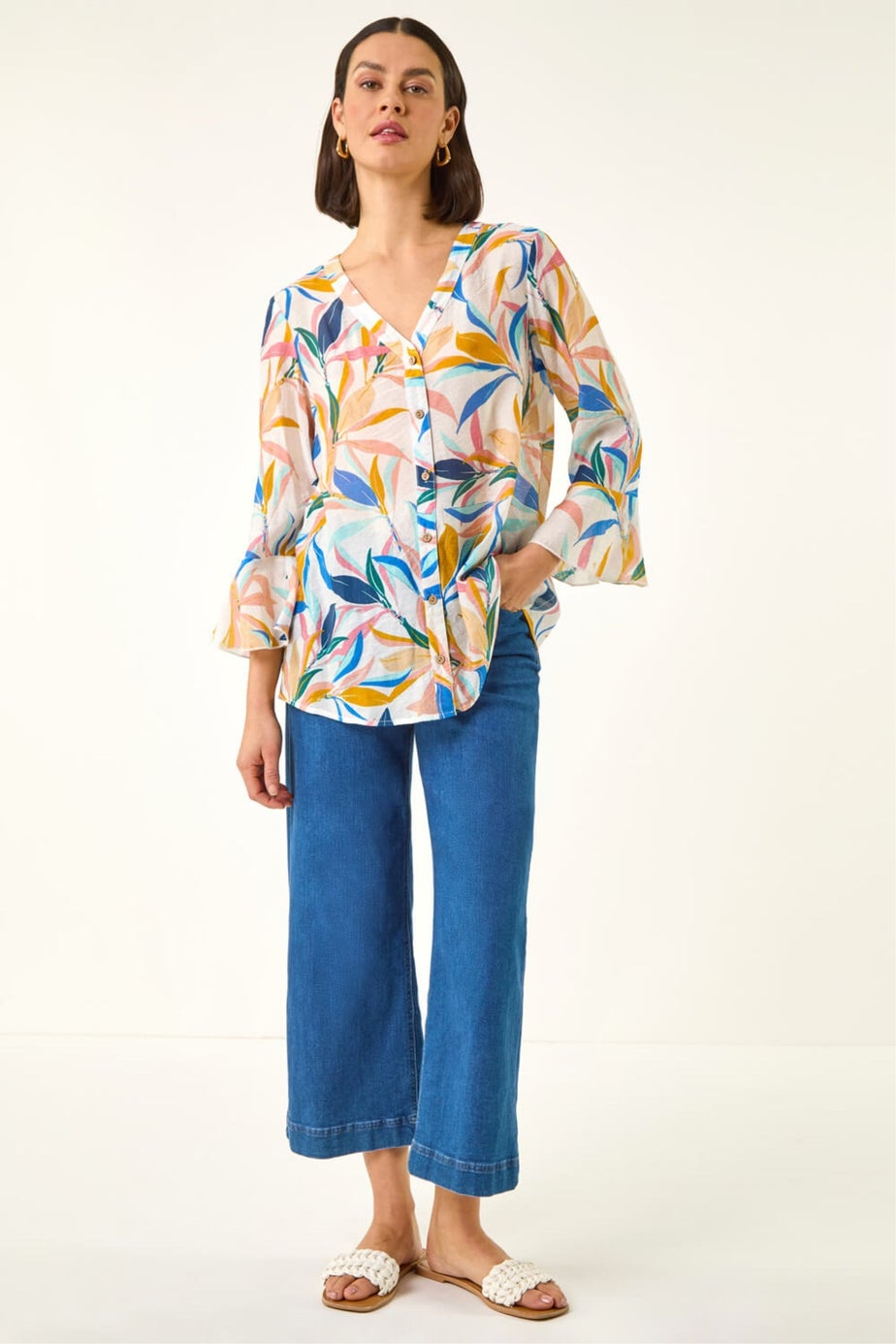 Roman Blue Leaf Print Flare Sleeve Blouse