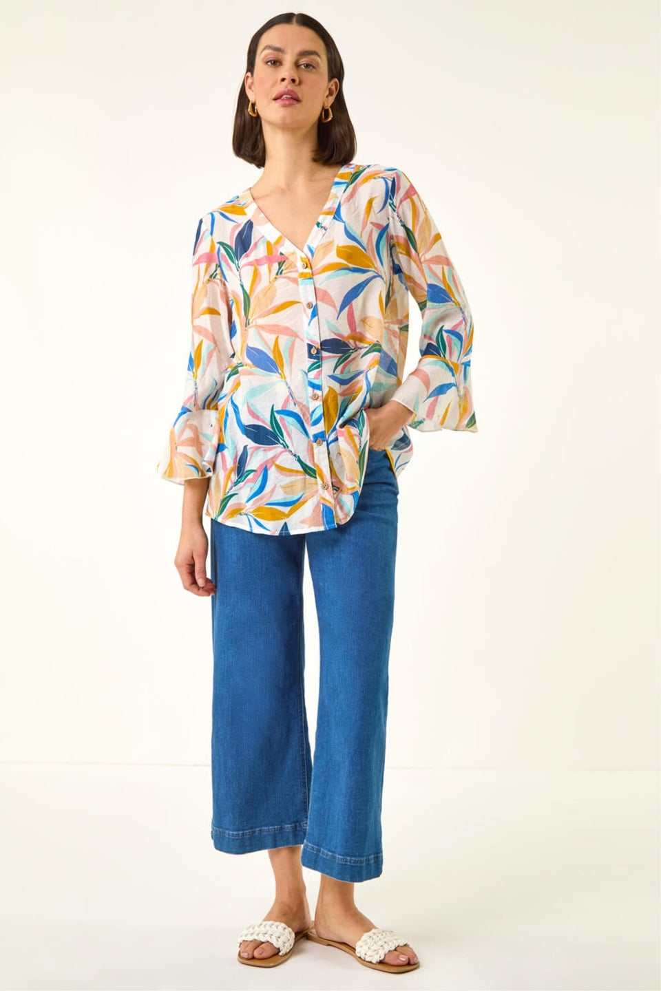 Roman Blue Leaf Print Flare Sleeve Blouse