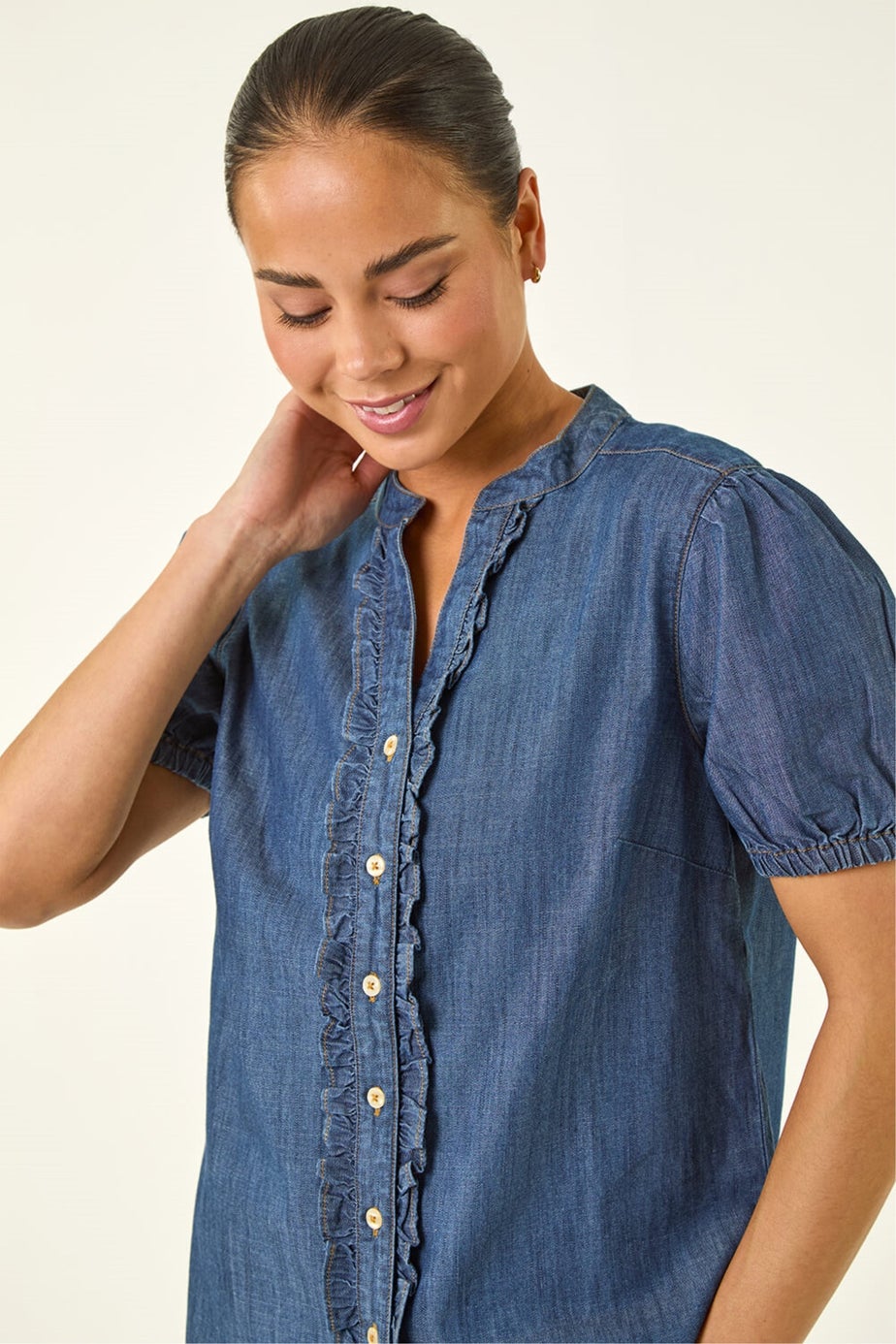 Roman Indigo Petite Frill Front Buttoned Blouse