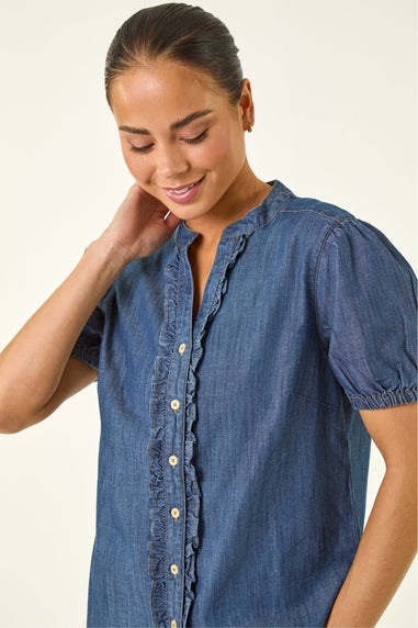 Roman Indigo Petite Frill Front Buttoned Blouse
